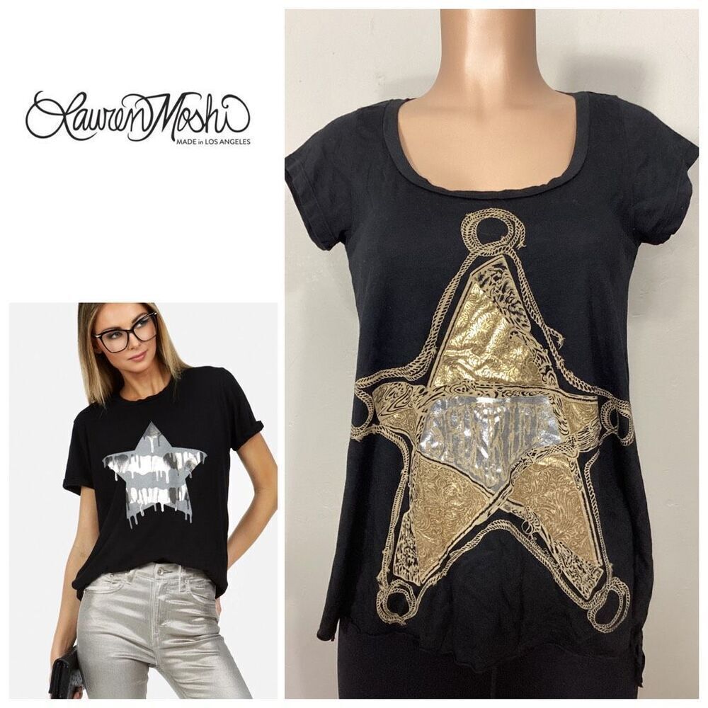 New. Lauren Moshi￼ black T-shirt with gold metallic sheriff star retails $110. s